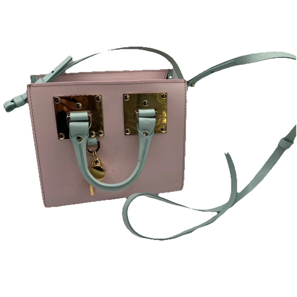 SOPHIE HULME Albion‎ Pink Green Square leather tote Crossbody Bag W Gold Whistle